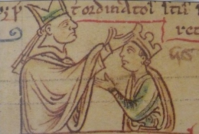 The coronation of Henry III. The ceremony was overseen by Cardinal Guala Bicchieri, co-regent of the boy-king.