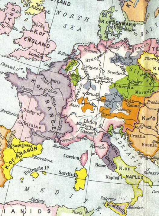 Europe in the 14th century. The Holy Roman Empire is in the centre, in white.